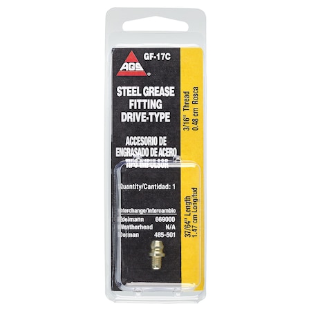 Ags Steel Drive-Type Grease Fitting, 37/64 Length, Male (3/16), 1/card GF-17C